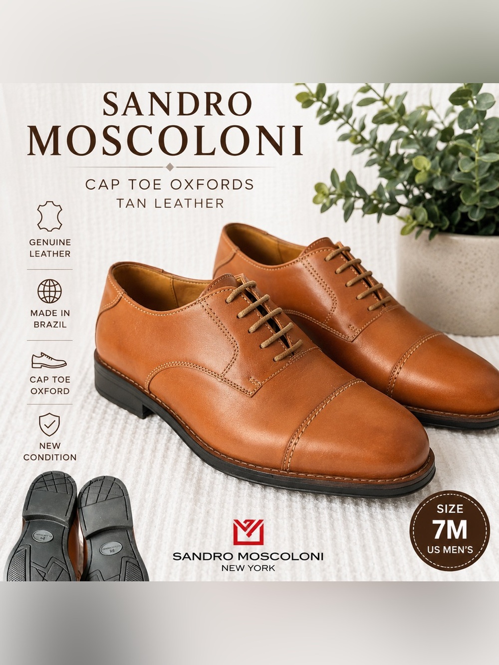 NEW Sandro Moscoloni Tan Leather Cap Toe Oxford Dress Shoes Men’s Size 7M Brazil